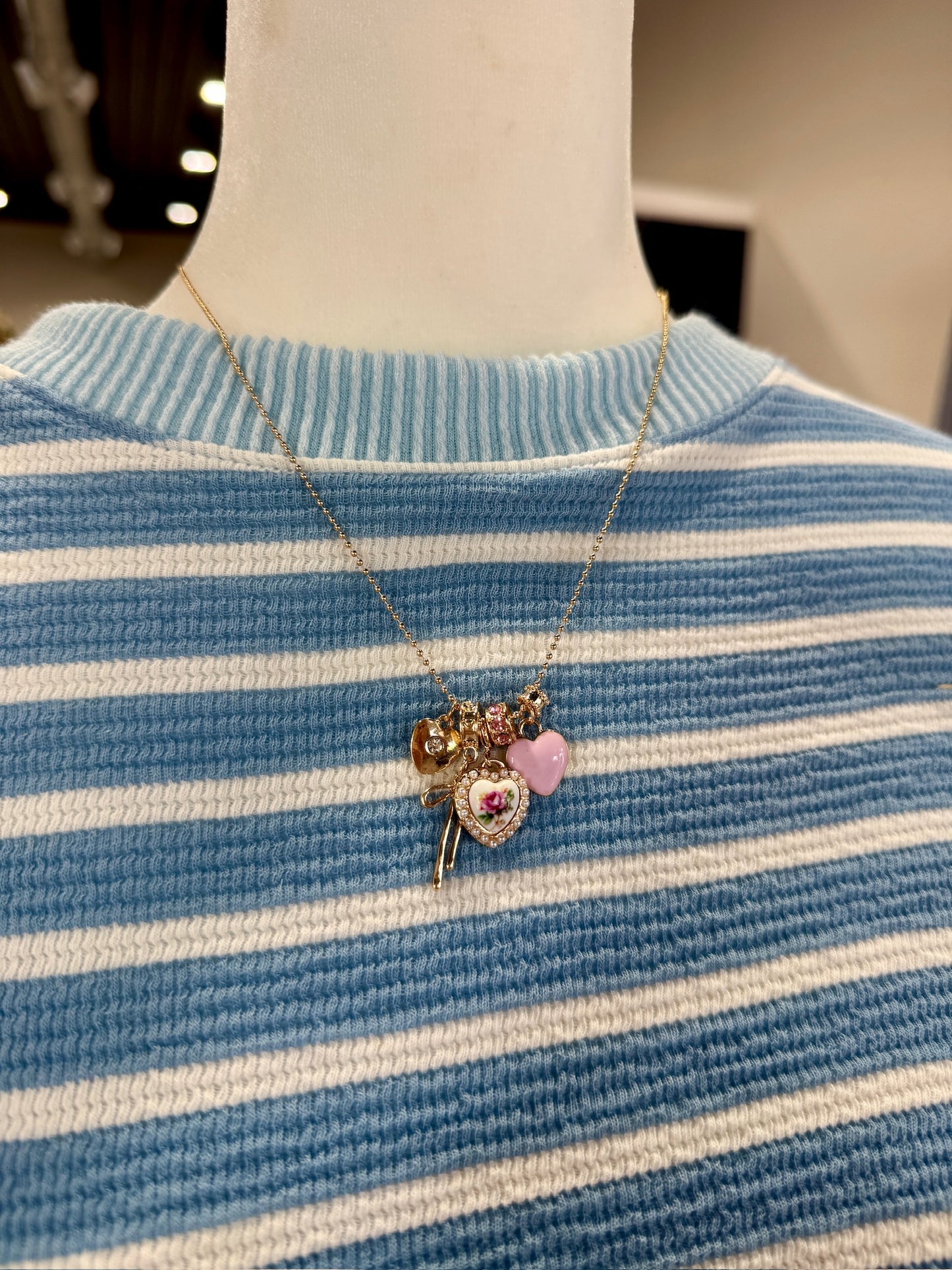 Multi Charm Porcelain Bow Ball Chain Necklace