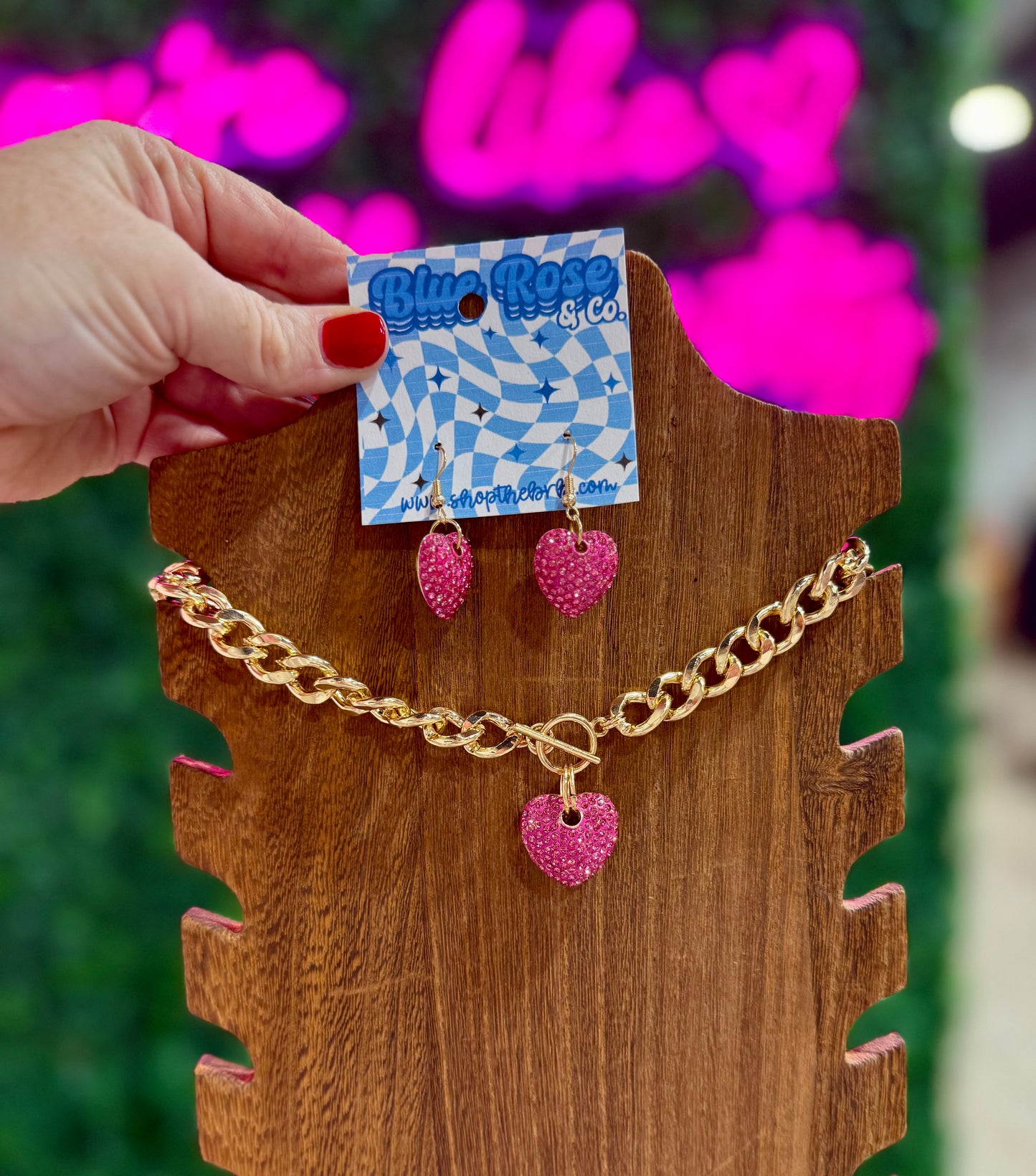Rhinestone Puffy Heart Drop Necklace
