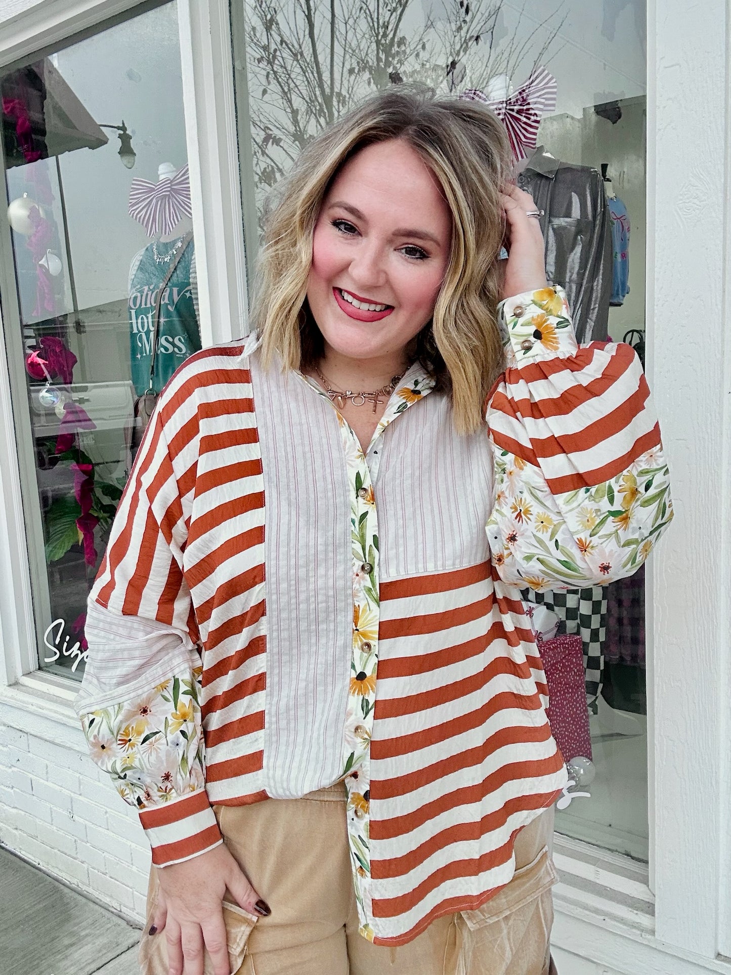 Button-Down Floral Stripe Top