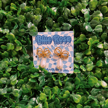 Pearl & Bow Dangly Earrings
