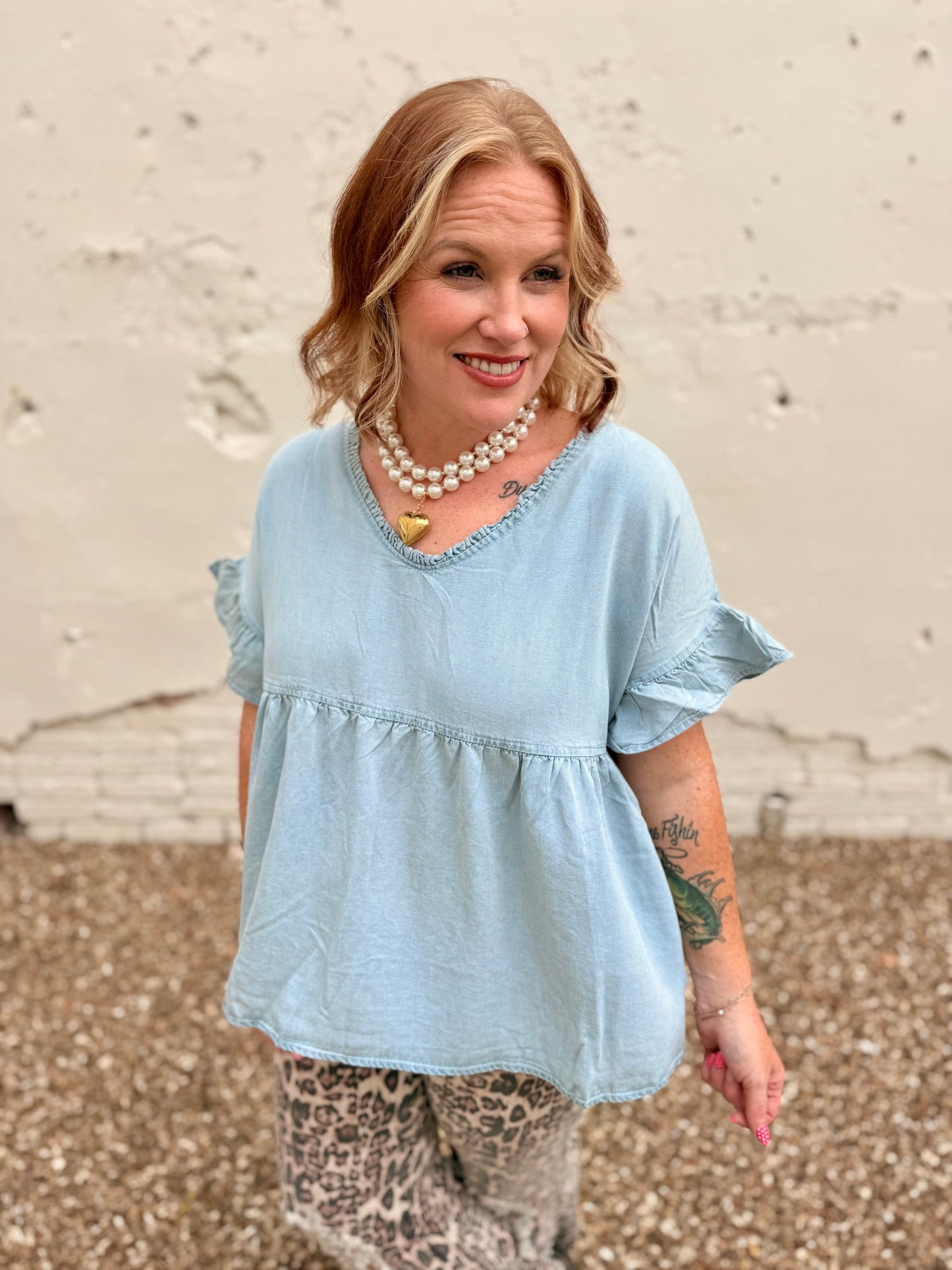 Reba Double V Neck Denim Top