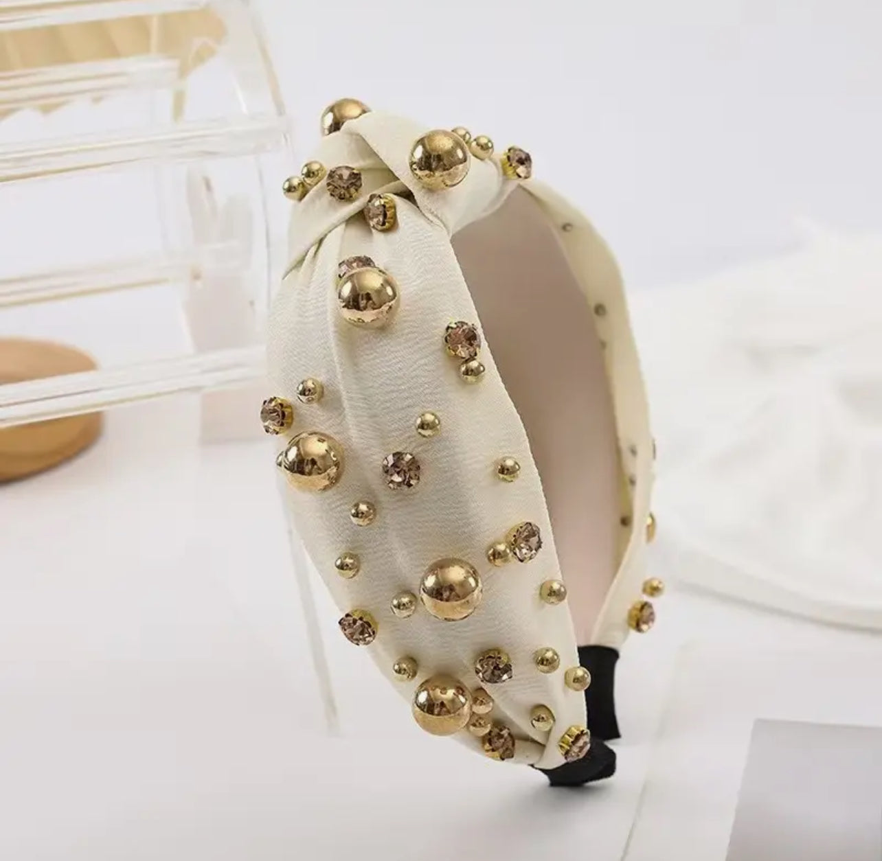 Gold Ball Headband in Cream