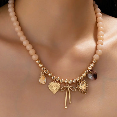 Beige Beaded Charm Necklace