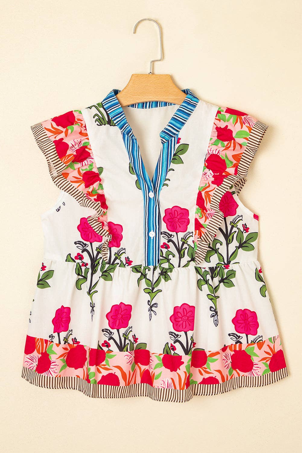 Floral Stripe Trim Buttoned V-Neck Flutter Sleeve Blouse