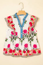 Floral Stripe Trim Buttoned V-Neck Flutter Sleeve Blouse