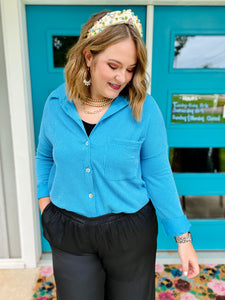 Siarra Blue Ribbed Button Up