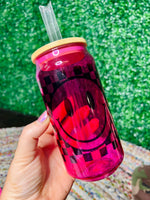 16 oz Checkered Smiley on Pink Glass Can