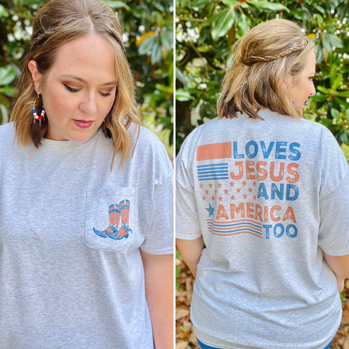 Loves Jesus, America Too Pocket Tee