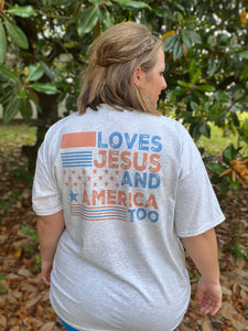 Loves Jesus, America Too Pocket Tee