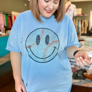 Baseball Smiley Distressed Tee on Blue