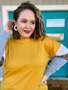 Mustard Leopard Color Block Top